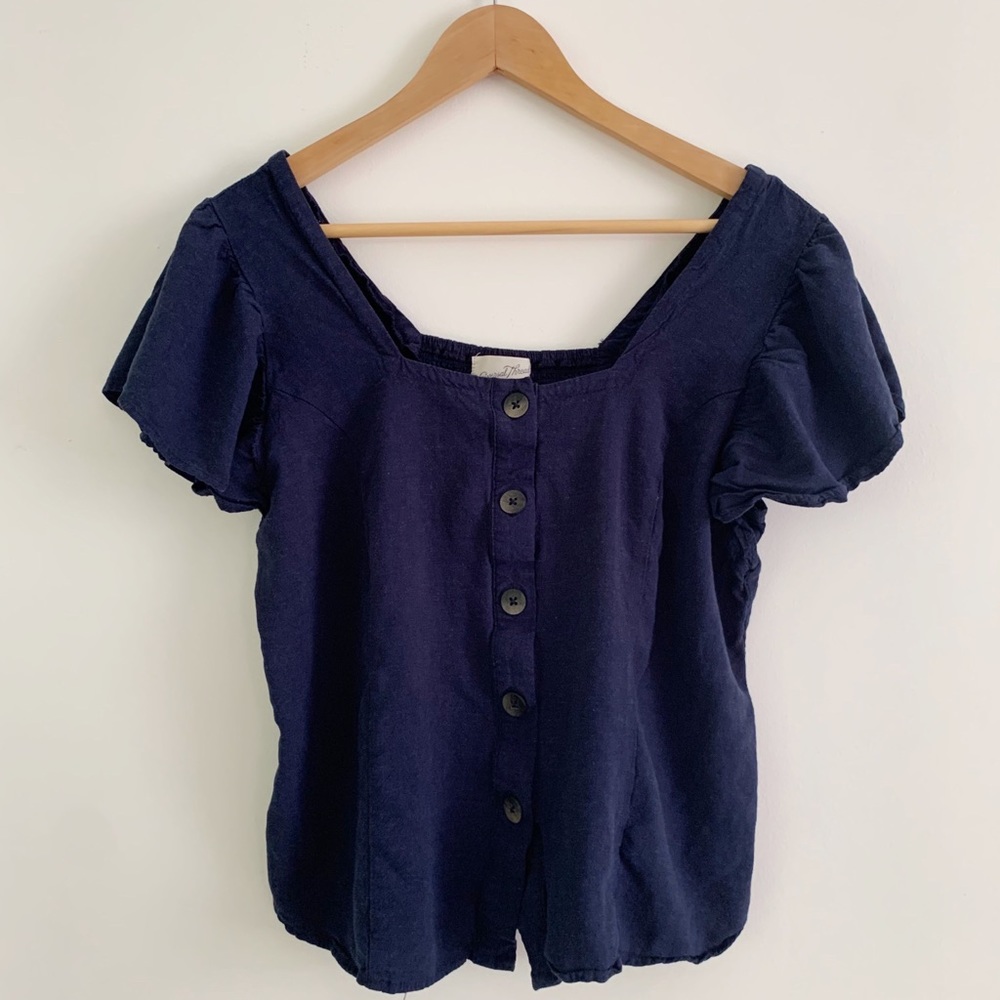 Button Front Universal Thread Navy Blue Peasant Blouse